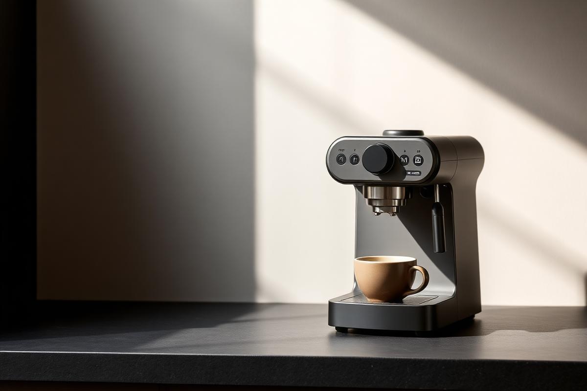Cafetera de diseño sobre una superficie oscura con luz natural
