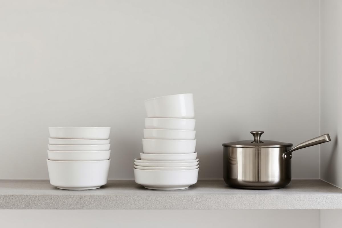 Menaje de cocina ordenado sobre una balda de piedra